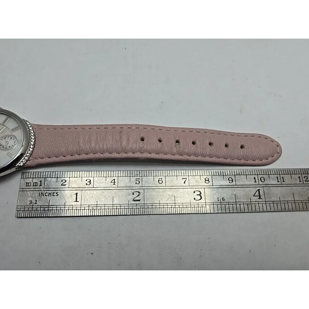 Skagen 586SSLP Womens Day Date Watch MOP Crystal Bezel Pink Leather New Battery